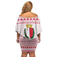 Malta Christmas Off Shoulder Short Dress with Santa Driving Vintage Bus Malta Flag and Red White Festive Pattern Design - Wonder Print Shop