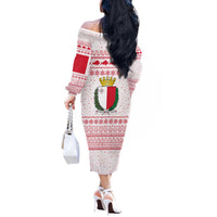 Malta Christmas Off The Shoulder Long Sleeve Dress with Santa Driving Vintage Bus Malta Flag and Red White Festive Pattern Design - Wonder Print Shop