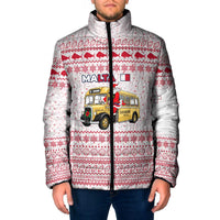 Malta Christmas Padded Jacket with Santa Driving Vintage Bus Malta Flag and Red White Festive Pattern Design - Wonder Print Shop
