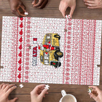 Malta Christmas Puzzle with Santa Driving Vintage Bus Malta Flag and Red White Festive Pattern Design - Wonder Print Shop