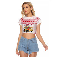 Malta Christmas Raglan Cropped T Shirt with Santa Driving Vintage Bus Malta Flag and Red White Festive Pattern Design - Wonder Print Shop