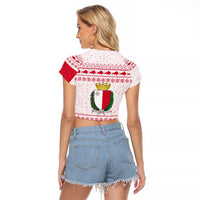 Malta Christmas Raglan Cropped T Shirt with Santa Driving Vintage Bus Malta Flag and Red White Festive Pattern Design - Wonder Print Shop