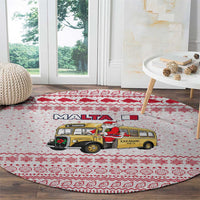 Malta Christmas Round Carpet with Santa Driving Vintage Bus Malta Flag and Red White Festive Pattern Design - Wonder Print Shop