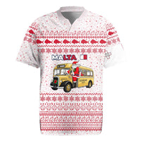 Malta Christmas Rugby Jersey with Santa Driving Vintage Bus Malta Flag and Red White Festive Pattern Design - Wonder Print Shop