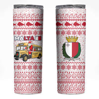 Malta Christmas Skinny Tumbler with Santa Driving Vintage Bus Malta Flag and Red White Festive Pattern Design - Wonder Print Shop