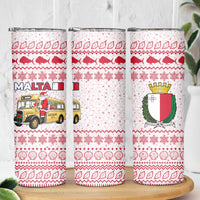 Malta Christmas Skinny Tumbler with Santa Driving Vintage Bus Malta Flag and Red White Festive Pattern Design - Wonder Print Shop