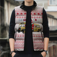 Malta Christmas Sleeveless Puffer Jacket with Santa Driving Vintage Bus Malta Flag and Red White Festive Pattern Design - Wonder Print Shop