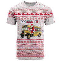 Malta Christmas T Shirt with Santa Driving Vintage Bus Malta Flag and Red White Festive Pattern Design - Wonder Print Shop