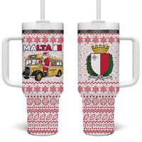 Malta Christmas Tumbler With Handle with Santa Driving Vintage Bus Malta Flag and Red White Festive Pattern Design - Wonder Print Shop