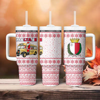 Malta Christmas Tumbler With Handle with Santa Driving Vintage Bus Malta Flag and Red White Festive Pattern Design - Wonder Print Shop