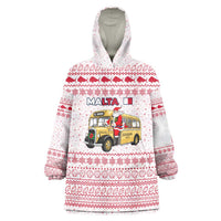 Malta Christmas Wearable Blanket Hoodie with Santa Driving Vintage Bus Malta Flag and Red White Festive Pattern Design - Wonder Print Shop
