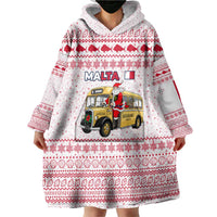 Malta Christmas Wearable Blanket Hoodie with Santa Driving Vintage Bus Malta Flag and Red White Festive Pattern Design - Wonder Print Shop