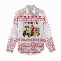 Malta Christmas Women Casual Shirt with Santa Driving Vintage Bus Malta Flag and Red White Festive Pattern Design - Wonder Print Shop