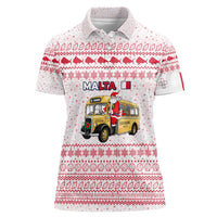 Malta Christmas Women Polo Shirt with Santa Driving Vintage Bus Malta Flag and Red White Festive Pattern Design - Wonder Print Shop
