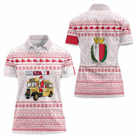 Malta Christmas Women Polo Shirt with Santa Driving Vintage Bus Malta Flag and Red White Festive Pattern Design - Wonder Print Shop