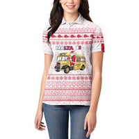 Malta Christmas Women Polo Shirt with Santa Driving Vintage Bus Malta Flag and Red White Festive Pattern Design - Wonder Print Shop