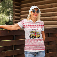 Malta Christmas Women Polo Shirt with Santa Driving Vintage Bus Malta Flag and Red White Festive Pattern Design - Wonder Print Shop