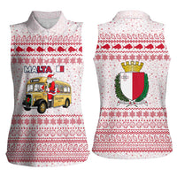 Malta Christmas Women Sleeveless Polo Shirt with Santa Driving Vintage Bus Malta Flag and Red White Festive Pattern Design - Wonder Print Shop