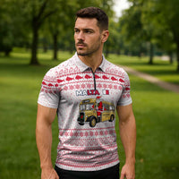 Malta Christmas Zipper Polo Shirt with Santa Driving Vintage Bus Malta Flag and Red White Festive Pattern Design - Wonder Print Shop