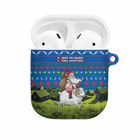 Faroe Islands Christmas AirPods Case with Santa Riding Sheep Grass Roof Houses and Blue Nordic Pattern Design - Wonder Print Shop