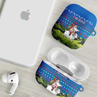 Faroe Islands Christmas AirPods Case with Santa Riding Sheep Grass Roof Houses and Blue Nordic Pattern Design - Wonder Print Shop