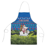 Faroe Islands Christmas Apron with Santa Riding Sheep Grass Roof Houses and Blue Nordic Pattern Design - Wonder Print Shop