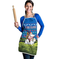 Faroe Islands Christmas Apron with Santa Riding Sheep Grass Roof Houses and Blue Nordic Pattern Design - Wonder Print Shop