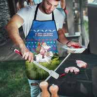 Faroe Islands Christmas Apron with Santa Riding Sheep Grass Roof Houses and Blue Nordic Pattern Design - Wonder Print Shop