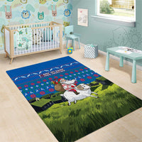 Faroe Islands Christmas Area Rug with Santa Riding Sheep Grass Roof Houses and Blue Nordic Pattern Design - Wonder Print Shop