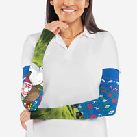 Faroe Islands Christmas Arm Sleeves with Santa Riding Sheep Grass Roof Houses and Blue Nordic Pattern Design - Wonder Print Shop