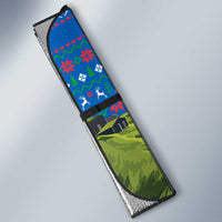 Faroe Islands Christmas Auto Sun Shade with Santa Riding Sheep Grass Roof Houses and Blue Nordic Pattern Design - Wonder Print Shop
