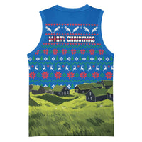 Faroe Islands Christmas Basketball Jersey with Santa Riding Sheep Grass Roof Houses and Blue Nordic Pattern Design - Wonder Print Shop
