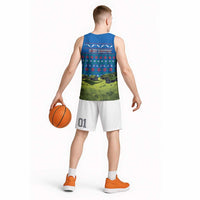 Faroe Islands Christmas Basketball Jersey with Santa Riding Sheep Grass Roof Houses and Blue Nordic Pattern Design - Wonder Print Shop