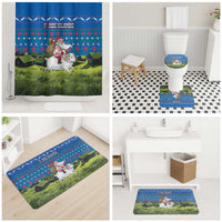 Faroe Islands Christmas Bathroom Set with Santa Riding Sheep Grass Roof Houses and Blue Nordic Pattern Design - Wonder Print Shop