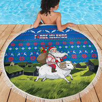 Faroe Islands Christmas Beach Blanket with Santa Riding Sheep Grass Roof Houses and Blue Nordic Pattern Design - Wonder Print Shop