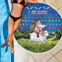 Faroe Islands Christmas Beach Blanket with Santa Riding Sheep Grass Roof Houses and Blue Nordic Pattern Design - Wonder Print Shop