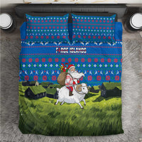 Faroe Islands Christmas Bedding Set with Santa Riding Sheep Grass Roof Houses and Blue Nordic Pattern Design - Wonder Print Shop