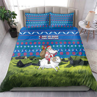 Faroe Islands Christmas Bedding Set with Santa Riding Sheep Grass Roof Houses and Blue Nordic Pattern Design - Wonder Print Shop