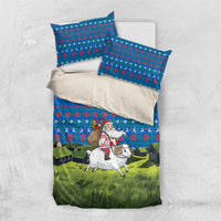 Faroe Islands Christmas Bedding Set with Santa Riding Sheep Grass Roof Houses and Blue Nordic Pattern Design - Wonder Print Shop