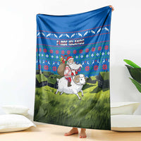 Faroe Islands Christmas Blanket with Santa Riding Sheep Grass Roof Houses and Blue Nordic Pattern Design - Wonder Print Shop
