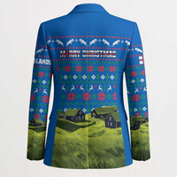 Faroe Islands Christmas Blazer with Santa Riding Sheep Grass Roof Houses and Blue Nordic Pattern Design - Wonder Print Shop