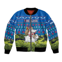 Faroe Islands Christmas Bomber Jacket with Santa Riding Sheep Grass Roof Houses and Blue Nordic Pattern Design - Wonder Print Shop