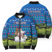 Faroe Islands Christmas Bomber Puffer Jacket with Santa Riding Sheep Grass Roof Houses and Blue Nordic Pattern Design - Wonder Print Shop