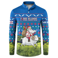 Faroe Islands Christmas Button Sweatshirt with Santa Riding Sheep Grass Roof Houses and Blue Nordic Pattern Design - Wonder Print Shop