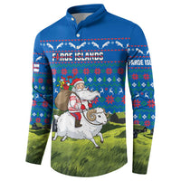 Faroe Islands Christmas Button Sweatshirt with Santa Riding Sheep Grass Roof Houses and Blue Nordic Pattern Design - Wonder Print Shop