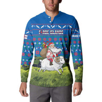 Faroe Islands Christmas Button Sweatshirt with Santa Riding Sheep Grass Roof Houses and Blue Nordic Pattern Design - Wonder Print Shop
