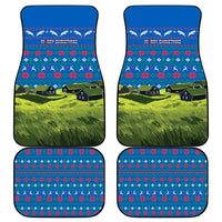 Faroe Islands Christmas Car Mats with Santa Riding Sheep Grass Roof Houses and Blue Nordic Pattern Design - Wonder Print Shop