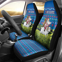 Faroe Islands Christmas Car Seat Cover with Santa Riding Sheep Grass Roof Houses and Blue Nordic Pattern Design - Wonder Print Shop