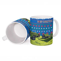 Faroe Islands Christmas Ceramic Mug with Santa Riding Sheep Grass Roof Houses and Blue Nordic Pattern Design - Wonder Print Shop