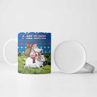 Faroe Islands Christmas Ceramic Mug with Santa Riding Sheep Grass Roof Houses and Blue Nordic Pattern Design - Wonder Print Shop